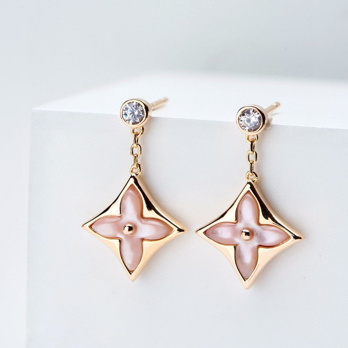 ??MIRA?¡¥DOUBLE STAR PINK GOLD MOP DROP EARRINGS