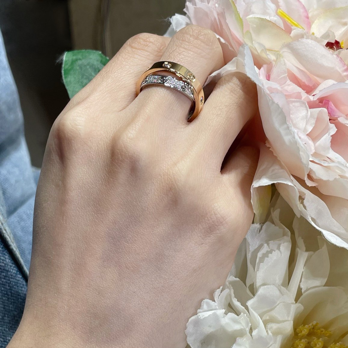 ??MIRA?¡¥LOVE PINK GOLD SILVER DIAMOND DOUBLE RING