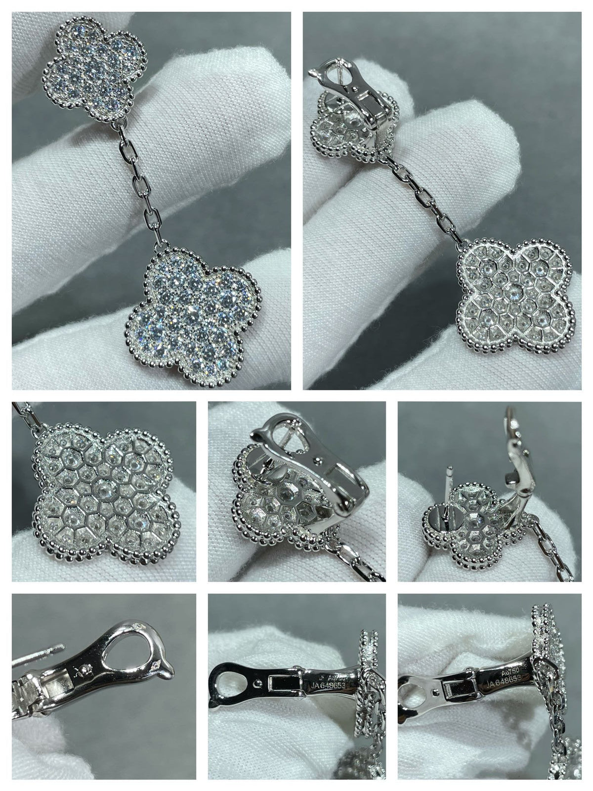 ??MIRA?¡¥CLOVER 2 MOTIFS DIAMOND PAVED SILVER EARRINGS