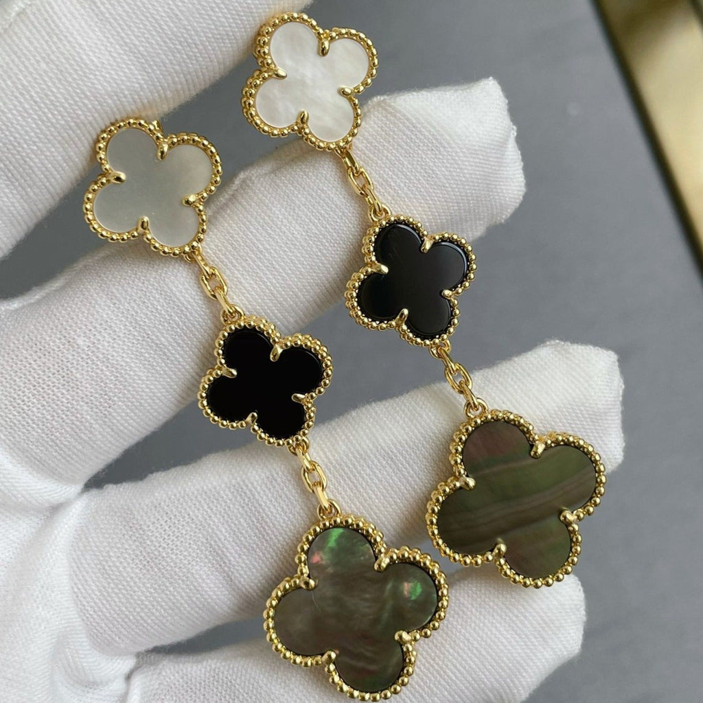 ??MIRA?¡¥CLOVER 3 MOTIF MOP ONYX DARK MOP PINK GOLD EARRINGS