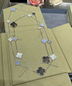 ??MIRA?¡¥CLOVER 16 MOTIF CHALCEDONY MOP SILVER NECKLACE