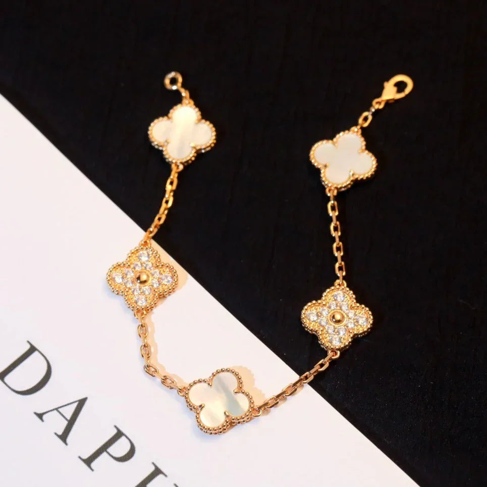 [MIRA]New CLOVER WHITE PEARL MOP 5 MOTIF BRACELET COLLECTION