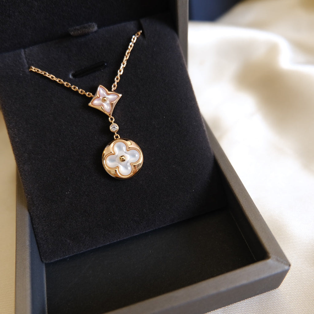 ??MIRA?¡¥STAR AND SUN WHITE MOP 2 MOTIF PINK GOLD NECKLACE