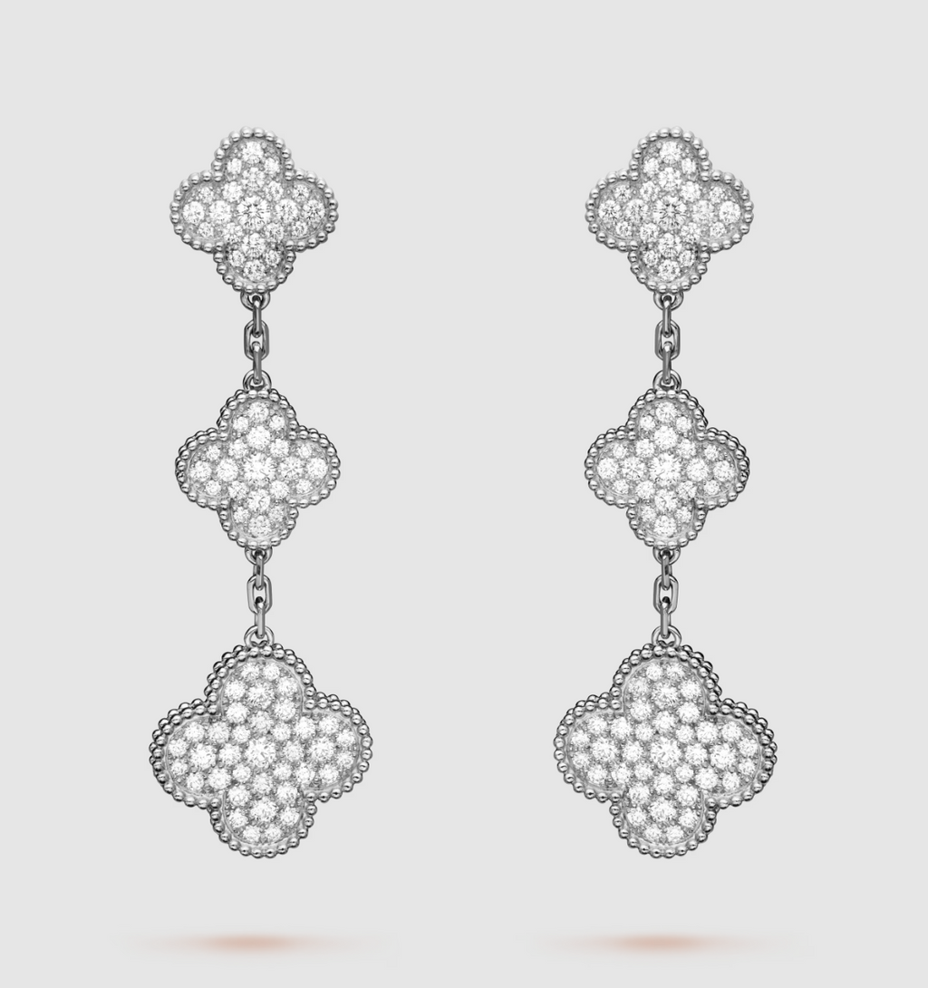 ??MIRA?¡¥CLOVER 3 MOTIF DIAMOND SILVER DROP EARRINGS