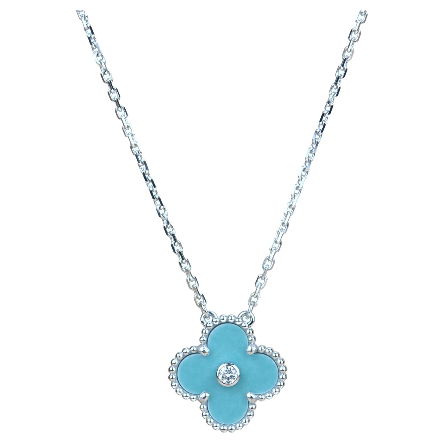 ??MIRA?¡¥CLOVER 15MM DIAMOND SVRES PORCELAIN  NECKLACE SILVER