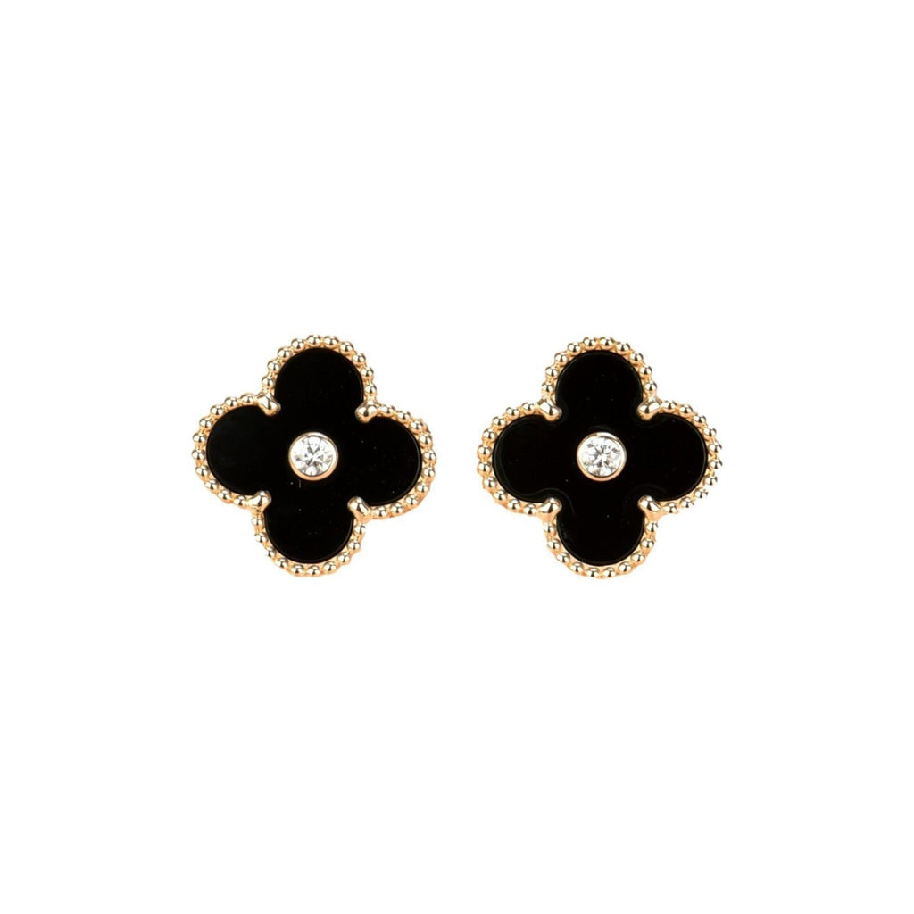 ??MIRA?¡¥CLOVER MEDIUM 1 MOTIFS ONYX DIAMOND EARRINGS