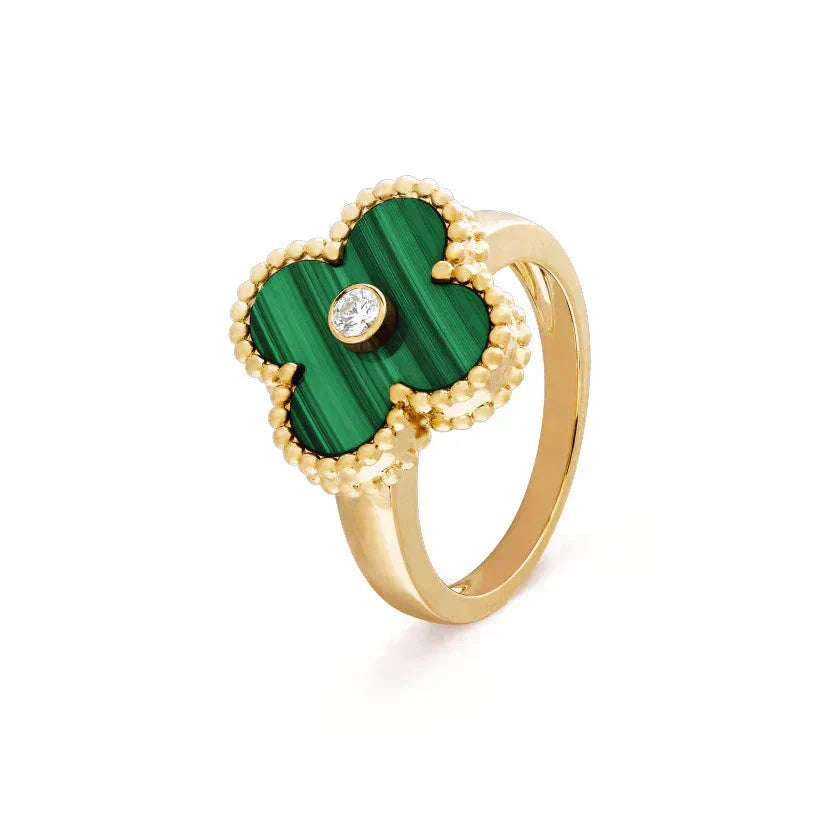 ??MIRA?¡¥CLOVER MALACHITE RING GOLD DIAMOND